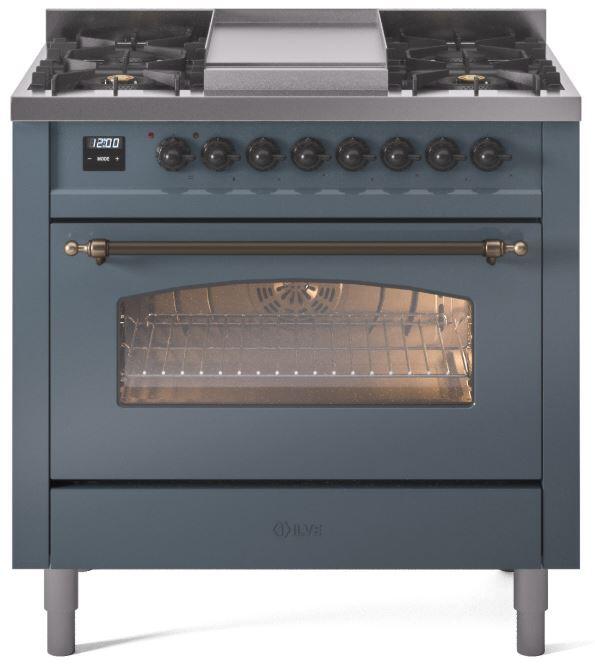 ILVE Nostalgie II 36-Inch Dual Fuel Freestanding Range in Blue Grey with Bronze Trim (UP36FNMPBGB)