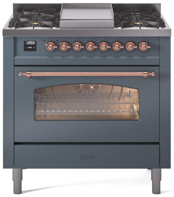 ILVE Nostalgie II 36-Inch Dual Fuel Freestanding Range in Blue Grey with Copper Trim (UP36FNMPBGP)