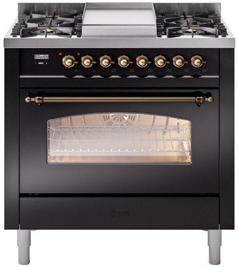 ILVE Nostalgie II 36-Inch Dual Fuel Freestanding Range in Glossy Black with Bronze Trim (UP36FNMPBKB)