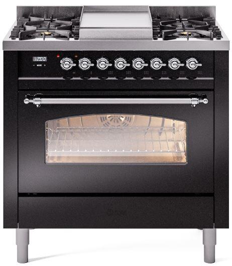 ILVE Nostalgie II 36-Inch Dual Fuel Freestanding Range in Glossy Black with Chrome Trim (UP36FNMPBKC)