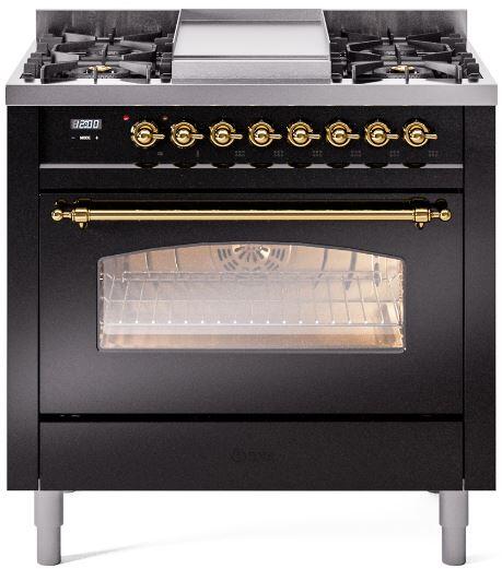 ILVE Nostalgie II 36-Inch Dual Fuel Freestanding Range in Glossy Black with Brass Trim (UP36FNMPBKG)