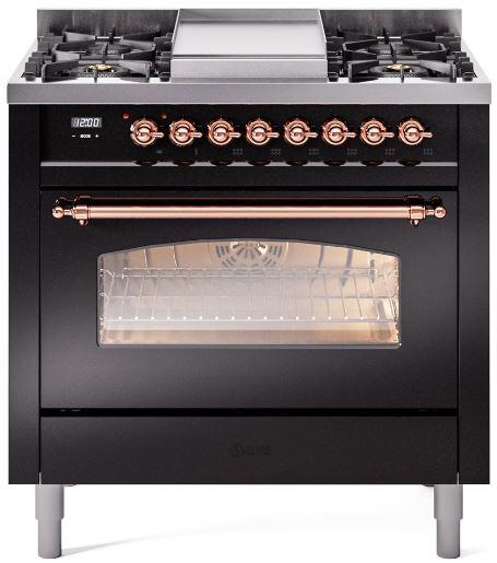 ILVE Nostalgie II 36-Inch Dual Fuel Freestanding Range in Glossy Black with Copper Trim (UP36FNMPBKP)