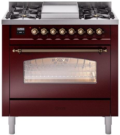 ILVE Nostalgie II 36-Inch Dual Fuel Freestanding Range in Burgundy with Bronze Trim (UP36FNMPBUB)