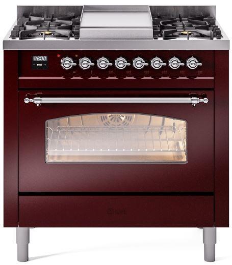 ILVE Nostalgie II 36-Inch Dual Fuel Freestanding Range in Burgundy with Chrome Trim (UP36FNMPBUC)