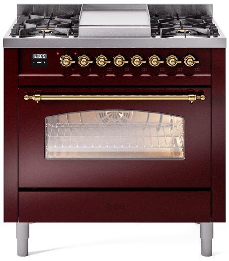 ILVE Nostalgie II 36-Inch Dual Fuel Freestanding Range in Burgundy with Brass Trim (UP36FNMPBUG)