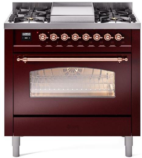 ILVE Nostalgie II 36-Inch Dual Fuel Freestanding Range in Burgundy with Copper Trim (UP36FNMPBUP)