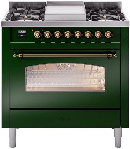 ILVE Nostalgie II 36-Inch Dual Fuel Freestanding Range in Emerald Green with Bronze Trim (UP36FNMPEGB)