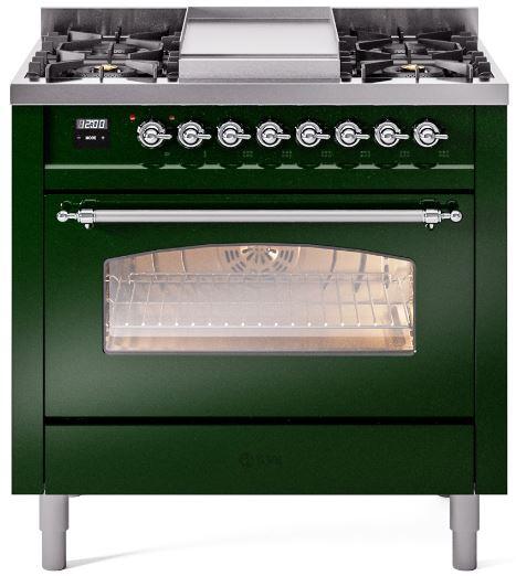 ILVE Nostalgie II 36-Inch Dual Fuel Freestanding Range in Emerald Green with Chrome Trim (UP36FNMPEGC)