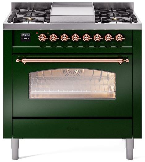 ILVE Nostalgie II 36-Inch Dual Fuel Freestanding Range in Emerald Green with Copper Trim (UP36FNMPEGP)