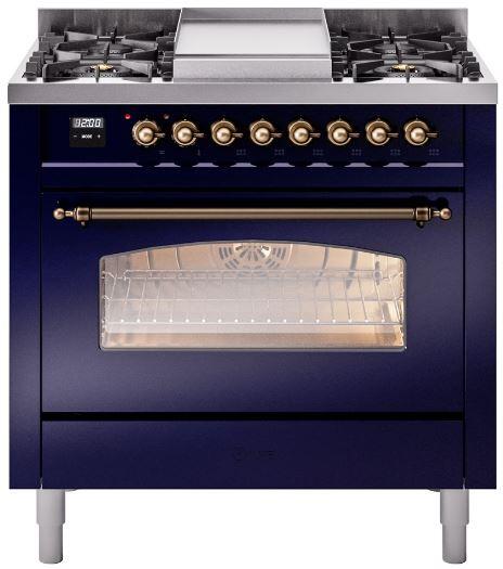 ILVE Nostalgie II 36-Inch Dual Fuel Freestanding Range in Midnight Blue with Bronze Trim (UP36FNMPMBB)