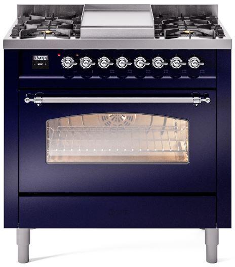 ILVE Nostalgie II 36-Inch Dual Fuel Freestanding Range in Midnight Blue with Chrome Trim (UP36FNMPMBC)