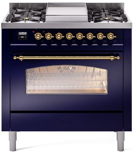 ILVE Nostalgie II 36-Inch Dual Fuel Freestanding Range in Midnight Blue with Brass Trim (UP36FNMPMBG)