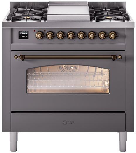 ILVE Nostalgie II 36-Inch Dual Fuel Freestanding Range in Matte Graphite with Bronze Trim (UP36FNMPMGB)