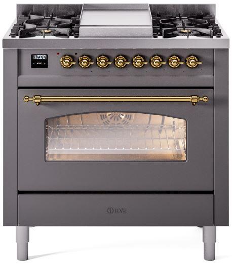 ILVE Nostalgie II 36-Inch Dual Fuel Freestanding Range in Matte Graphite with Brass Trim (UP36FNMPMGG)