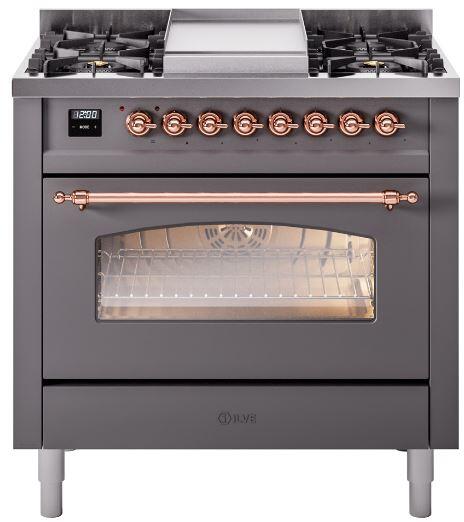 ILVE Nostalgie II 36-Inch Dual Fuel Freestanding Range in Matte Graphite with Copper Trim (UP36FNMPMGP)