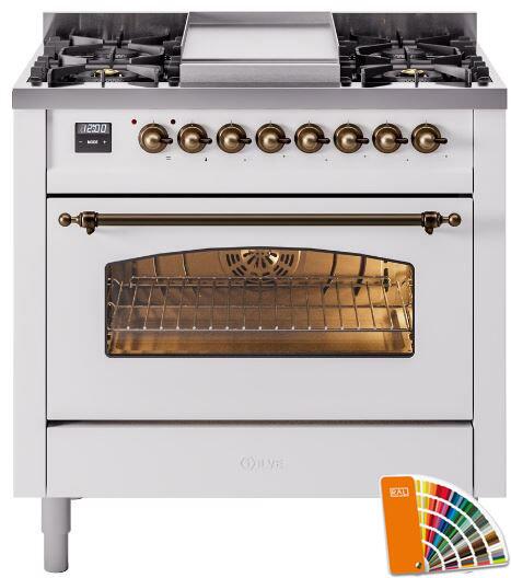 ILVE Nostalgie II 36-Inch Dual Fuel Freestanding Range in Custom RAL with Bronze Trim (UP36FNMPRAB)