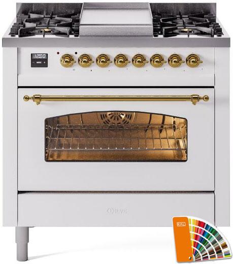 ILVE Nostalgie II 36-Inch Dual Fuel Freestanding Range in Custom RAL with Brass Trim (UP36FNMPRAG)