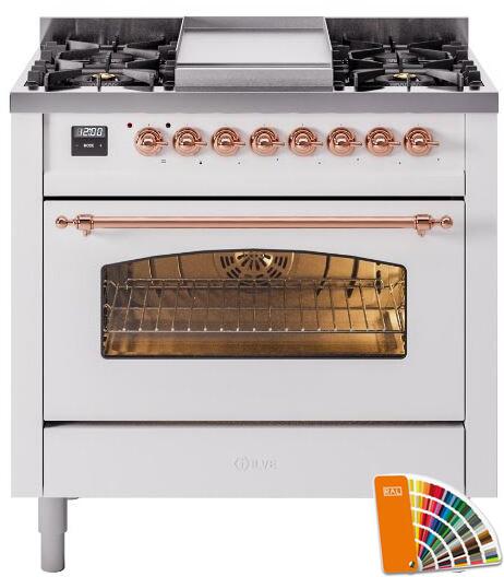 ILVE Nostalgie II 36-Inch Dual Fuel Freestanding Range in Custom RAL with Copper Trim (UP36FNMPRAP)