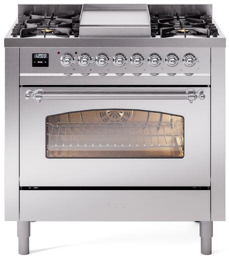 ILVE Nostalgie II 36-Inch Dual Fuel Freestanding Range in Stainless Steel with Chrome Trim (UP36FNMPSSC)