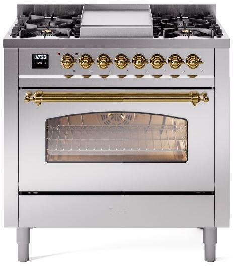 ILVE Nostalgie II 36-Inch Dual Fuel Freestanding Range in Stainless Steel with Brass Trim (UP36FNMPSSG)