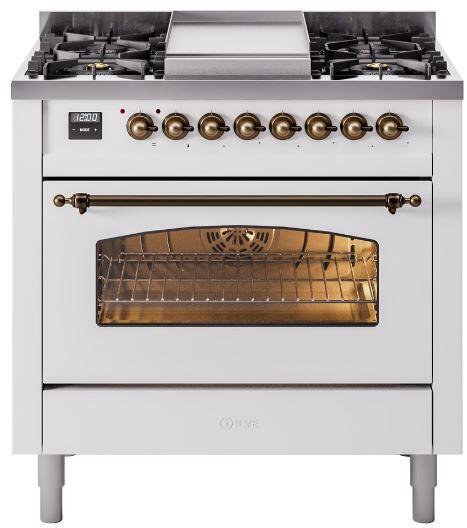 ILVE Nostalgie II 36-Inch Dual Fuel Freestanding Range in White with Bronze Trim (UP36FNMPWHB)