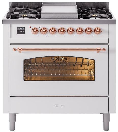 ILVE Nostalgie II 36-Inch Dual Fuel Freestanding Range in White with Copper Trim (UP36FNMPWHP)