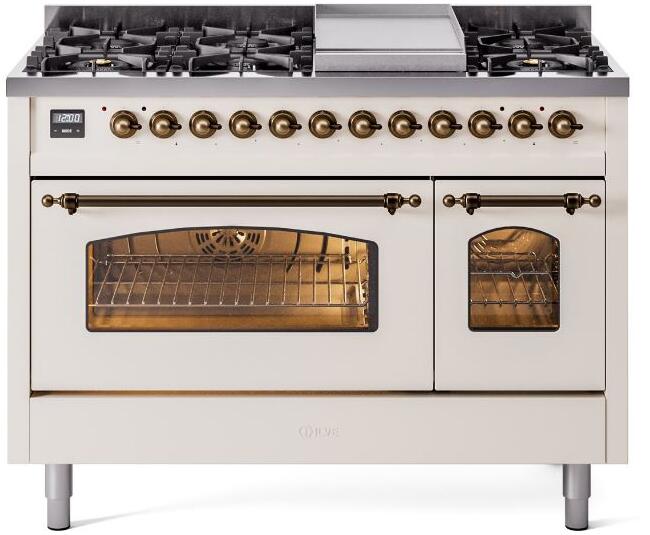 ILVE Nostalgie II 48-Inch Dual Fuel Freestanding Range in Antique White with Bronze Trim (UP48FNMPAWB)