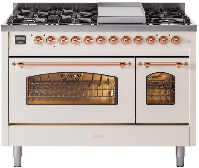 ILVE Nostalgie II 48-Inch Dual Fuel Freestanding Range in Antique White with Copper Trim (UP48FNMPAWP)