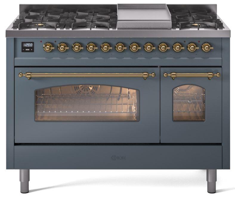 ILVE Nostalgie II 48-Inch Dual Fuel Freestanding Range in Blue Grey with Brass Trim (UP48FNMPBGG)