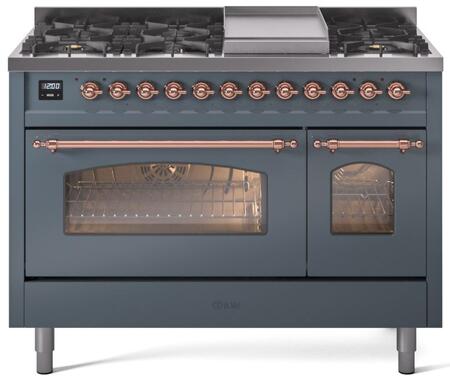 ILVE Nostalgie II 48-Inch Dual Fuel Freestanding Range in Blue Grey with Copper Trim (UP48FNMPBGP)