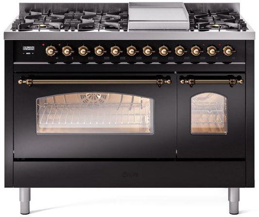 ILVE Nostalgie II 48-Inch Dual Fuel Freestanding Range in Glossy Black with Bronze Trim (UP48FNMPBKB)