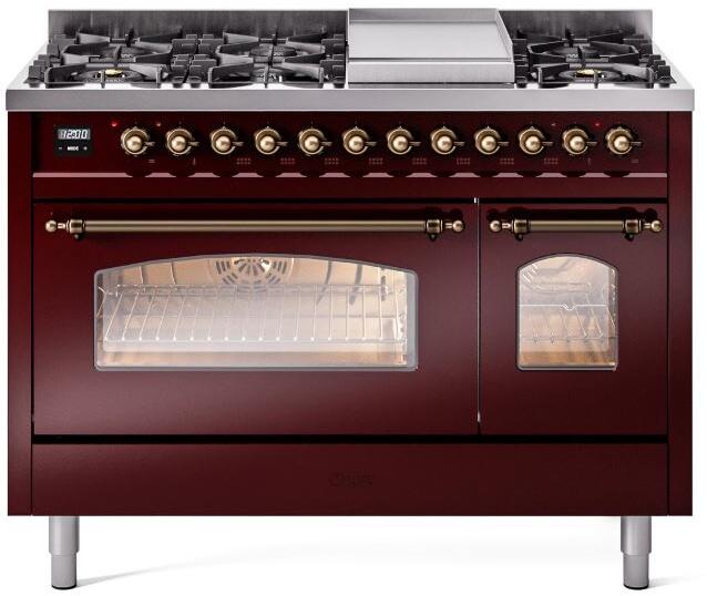 ILVE Nostalgie II 48-Inch Dual Fuel Freestanding Range in Burgundy with Bronze Trim (UP48FNMPBUB)