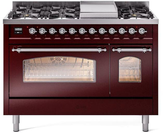 ILVE Nostalgie II 48-Inch Dual Fuel Freestanding Range in Burgundy with Copper Trim (UP48FNMPBUC)