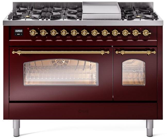 ILVE Nostalgie II 48-Inch Dual Fuel Freestanding Range in Burgundy with Brass Trim (UP48FNMPBUG)