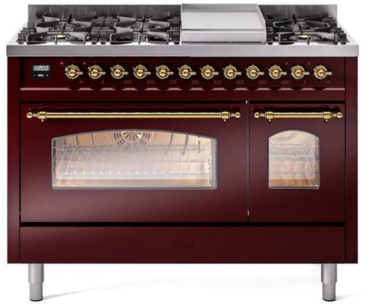 ILVE Nostalgie II 48-Inch Dual Fuel Freestanding Range in Burgundy with Brass Trim (UP48FNMPBUG)