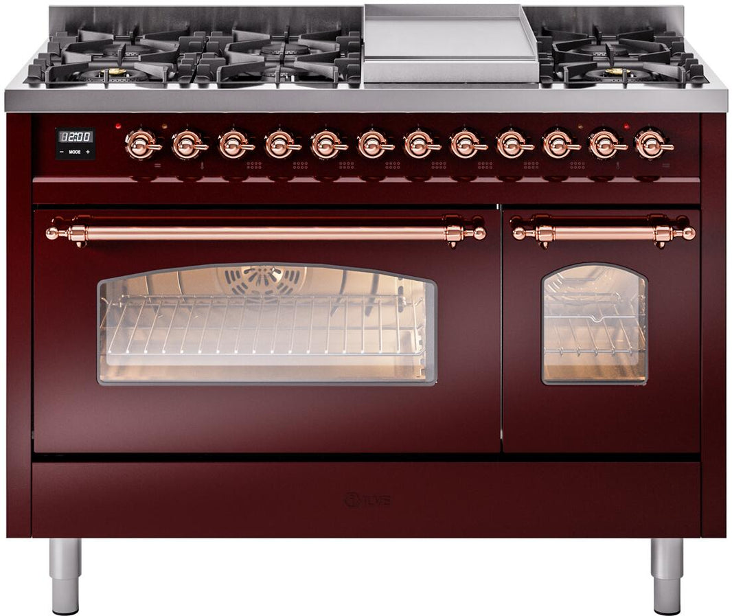 ILVE Nostalgie II 48-Inch Dual Fuel Freestanding Range in Burgundy with Copper Trim (UP48FNMPBUP)