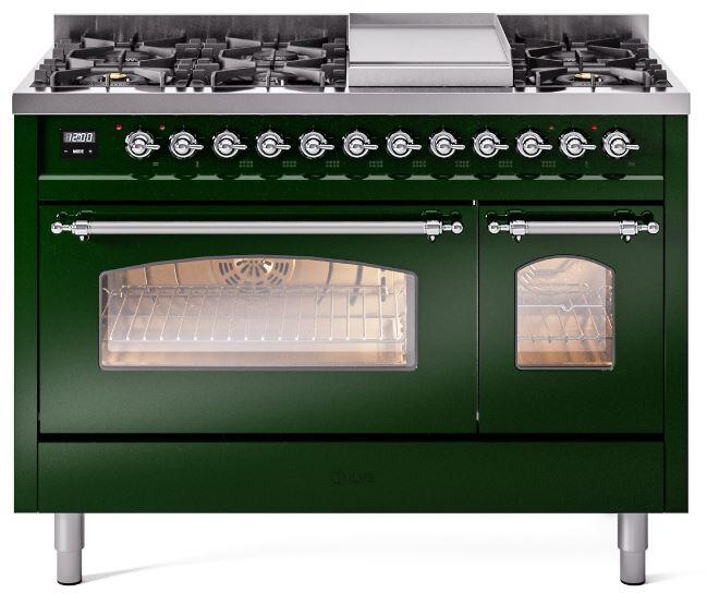 ILVE Nostalgie II 48-Inch Dual Fuel Freestanding Range in Emerald Green with Chrome Trim (UP48FNMPEGC)