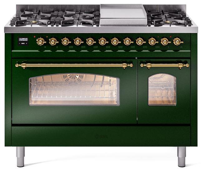 ILVE Nostalgie II 48-Inch Dual Fuel Freestanding Range in Emerald Green with Brass Trim (UP48FNMPEGG)