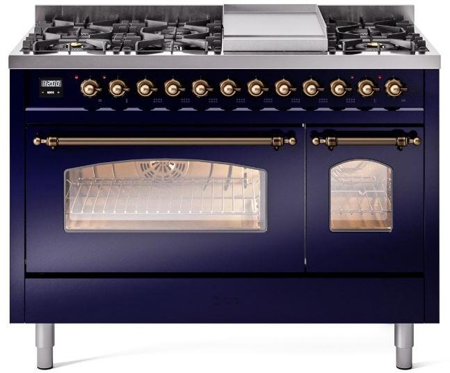 ILVE Nostalgie II 48-Inch Dual Fuel Freestanding Range in Midnight Blue with Bronze Trim (UP48FNMPMBB)