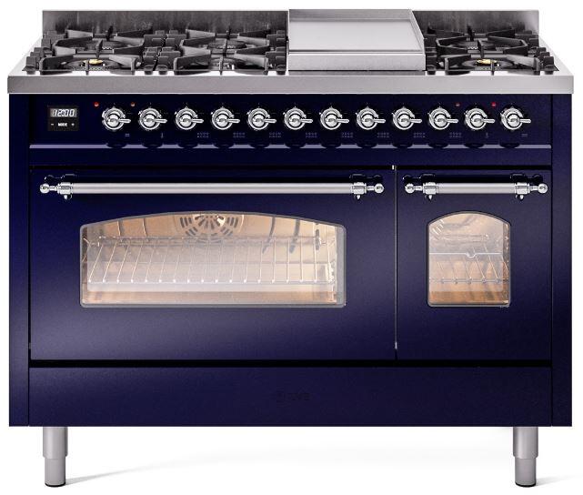 ILVE Nostalgie II 48-Inch Dual Fuel Freestanding Range in Midnight Blue with Chrome Trim (UP48FNMPMBC)