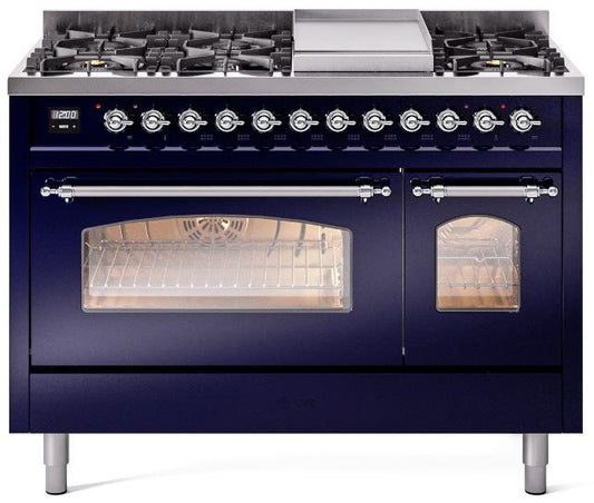 ILVE Nostalgie II 48-Inch Dual Fuel Freestanding Range in Midnight Blue with Chrome Trim (UP48FNMPMBC)