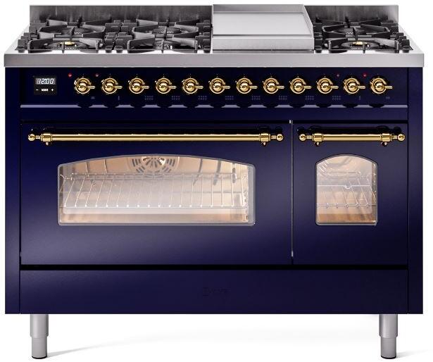 ILVE Nostalgie II 48-Inch Dual Fuel Freestanding Range in Midnight Blue with Brass Trim (UP48FNMPMBG)