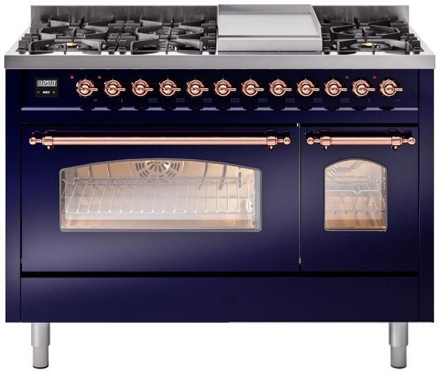 ILVE Nostalgie II 48-Inch Dual Fuel Freestanding Range in Midnight Blue with Copper Trim (UP48FNMPMBP)