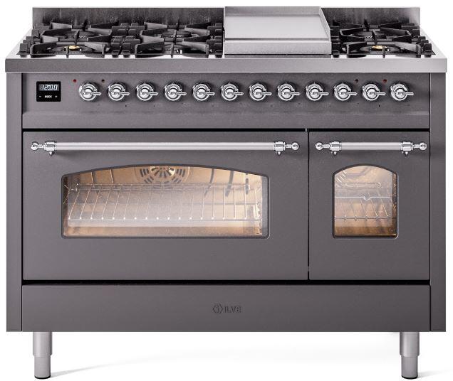 ILVE Nostalgie II 48-Inch Dual Fuel Freestanding Range in Matte Graphite with Chrome Trim (UP48FNMPMGC)