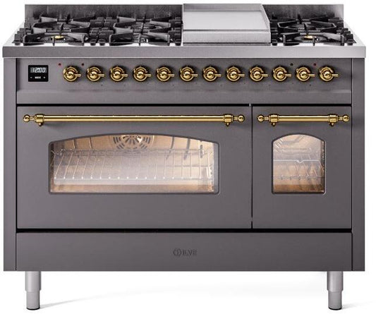 ILVE Nostalgie II 48-Inch Dual Fuel Freestanding Range in Matte Graphite with Brass Trim (UP48FNMPMGG)