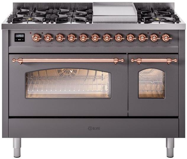 ILVE Nostalgie II 48-Inch Dual Fuel Freestanding Range in Matte Graphite with Copper Trim (UP48FNMPMGP)