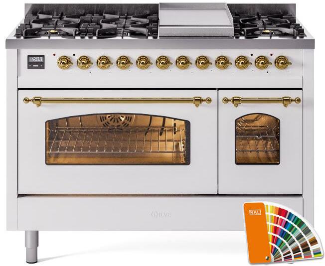 ILVE Nostalgie II 48-Inch Dual Fuel Freestanding Range in Custom RAL with Brass Trim (UP48FNMPRAG)