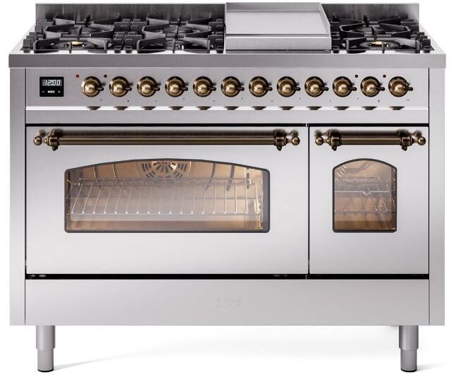 ILVE Nostalgie II 48-Inch Dual Fuel Freestanding Range in Stainless Steel with Bronze Trim (UP48FNMPSSB)