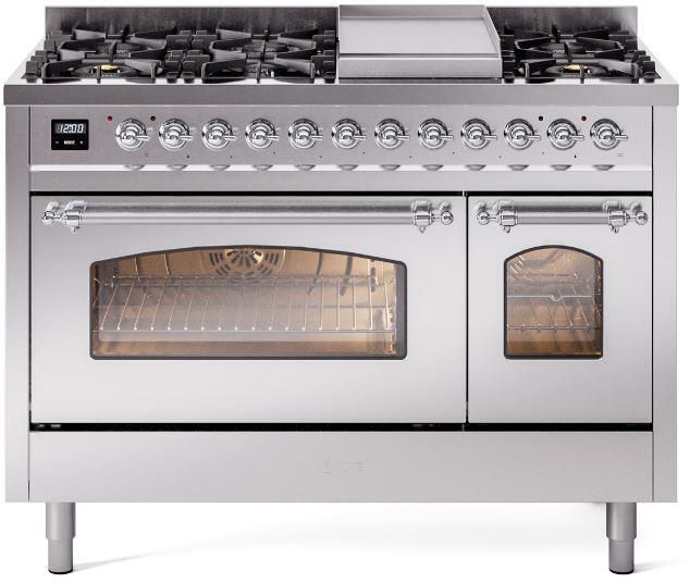 ILVE Nostalgie II 48-Inch Dual Fuel Freestanding Range in Stainless Steel with Chrome Trim (UP48FNMPSSC)