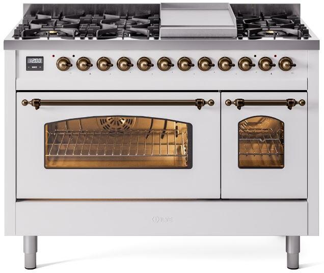 ILVE Nostalgie II 48-Inch Dual Fuel Freestanding Range in White with Bronze Trim (UP48FNMPWHB)